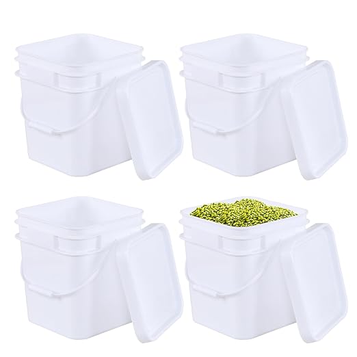 2.9 Gallon Square Buckets with Lids, Food Safe Plastic Bucket, 4 Pack, White
