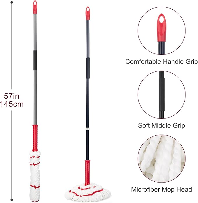 KeFanta Self Wringing Mop for Floor Cleaning, Microfiber Floor mop with 57 " Long Handle, Easy Wringing Mop for Kitchen Hardwood Bathroom Garages Warehouses Vinyl Tile Laminate Home Office