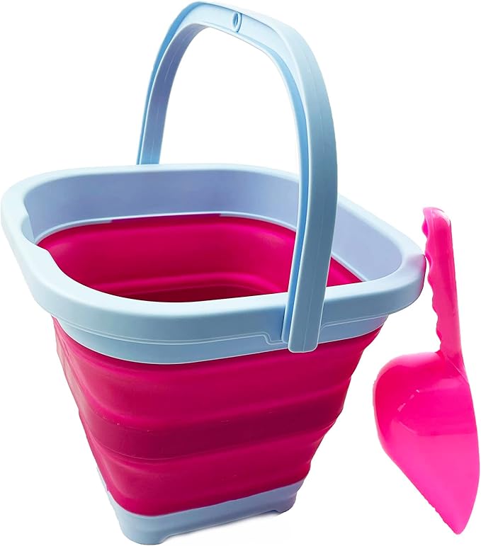 SAMMART Collapsible Rectangular Cleaning Bucket 5L (1.3 Gallon)- Foldable Camping Beach Sand Water Pot Pail- Portable Space Saving Tub for Household, Outdoor Car Washing (Cool Blue/Flamingo)