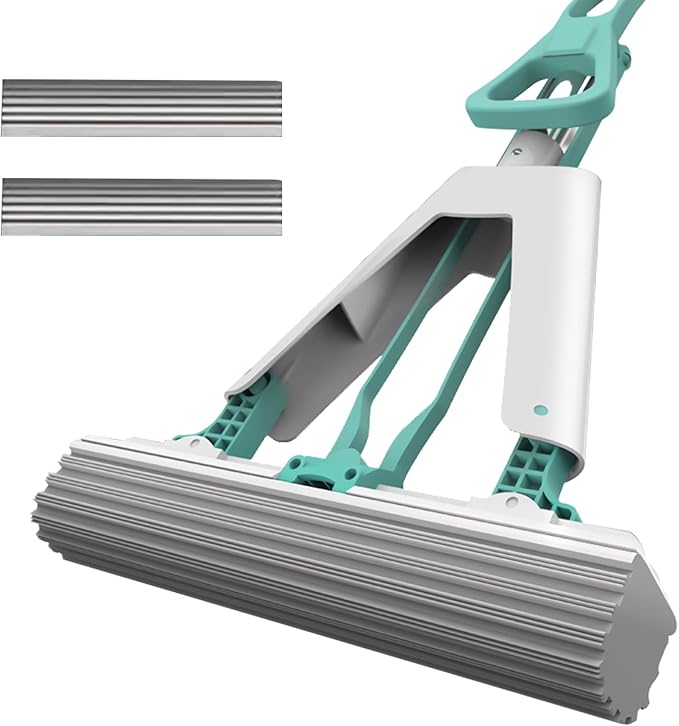 Sponge Mop with Telescope Handle for Kitchen Bathroom Garage Floor Cleaning, Automatic Wringing for Tile Marble Wood Floors, 1 Extra Sponge Head