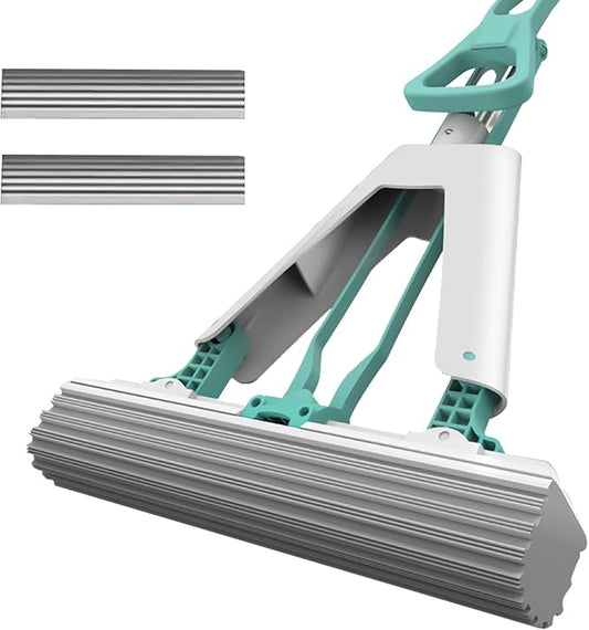 Sponge Mop with Telescope Handle for Kitchen Bathroom Garage Floor Cleaning, Automatic Wringing for Tile Marble Wood Floors, 1 Extra Sponge Head
