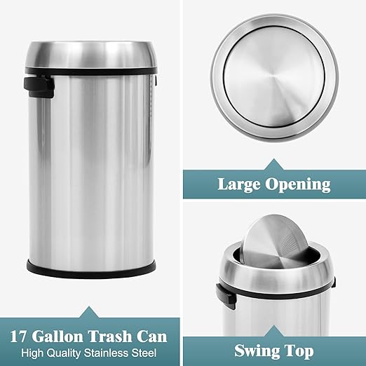 Garvee 17 Gallon Trash Can, Fingerprint-Proof Stainless Steel Swing Top Garbage Can, Heavy Duty Commercial Round Trash Bin with Swing Lid for Restaurant, Home, Office, Silver
