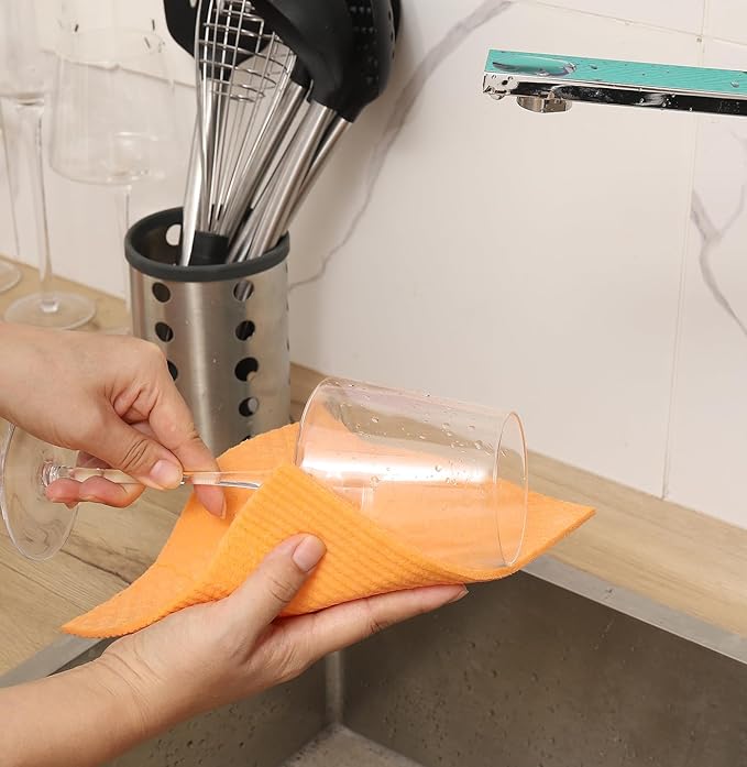 Swedish Dishcloths for Kitchen | 6 Pack Absorbent Cellulose Sponge Cloths Washable | Non-Scratch Reusable Paper Towels Quick Drying Cleaning Cloths - Orange