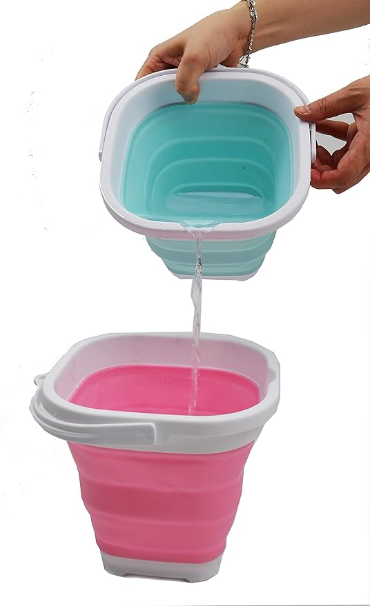SAMMART 2.6L (0.68 Gallon) Super Mini Sqare Collapsible Plastic Bucket - Foldable Square Tub - Portable Fishing Water Pail - 2 Pieces Box Pack (Lake Green & Pink)