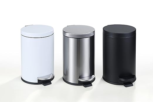 SunnyPoint 4.5 Liter(1.2 Gallon) Small Round Trash Can with Plastic Inner Bucket; Bathroom, Office, Kitchen and Bedroom Step On and Slow Close (WHT)
