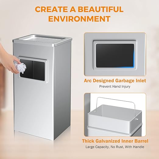 BEAMNOVA Trash Can Indoor Outdoor Metal Stainless Steel Commercial Garbage Can Industrial Garbage Enclosure Inside Cabinet with Lid Waste Container, Color Metallic, 31*25*61 cm / 12.2*9.8*24 in