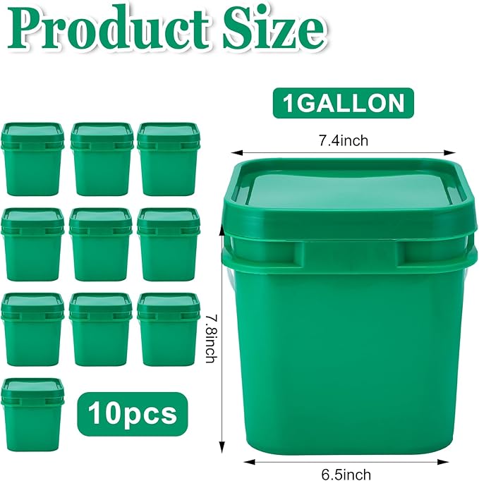 Suzile 2.2 Gallon Square Bucket with Lid Food Grade Plastic Bucket 10L Utility Industrial Pail with Handle Container for Food Oil Tub Water Fishing Paint House Cleaning Car Washing(Green,10pcs)