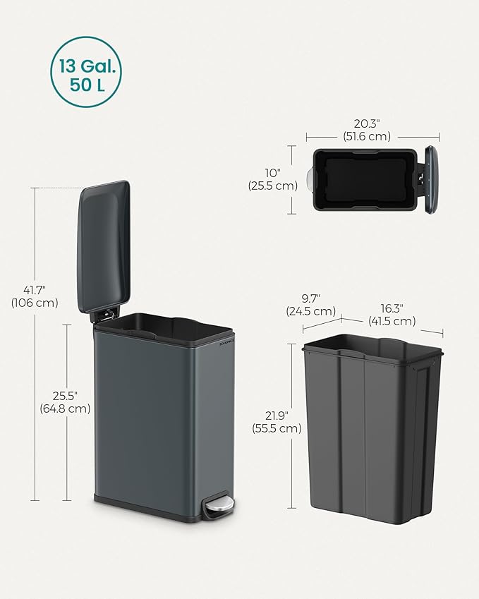SONGMICS Slim Trash Can, 13-Gallon (50 L) Garbage Can for Narrow Spaces with Soft-Close Lid, Inner Bucket, and Step-on Pedal, Stainless Steel, 15 Trash Bags Included, Charcoal Gray ULTB510G01