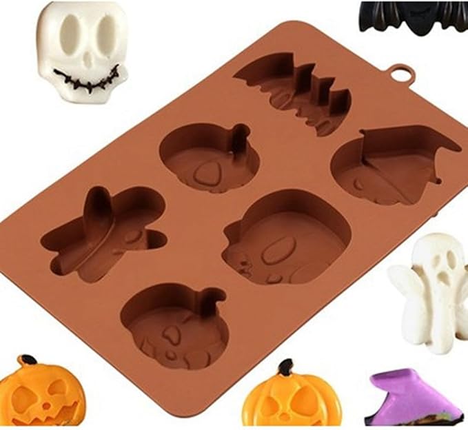 mostsom Chocolate Molds Halloween Chocolate Candy Silicone Mold Ghost Pumpkin Bat Skull Witch Hat Gummy Fondant Baking Mold (A_ 7.28x4.36x0.76 inch)