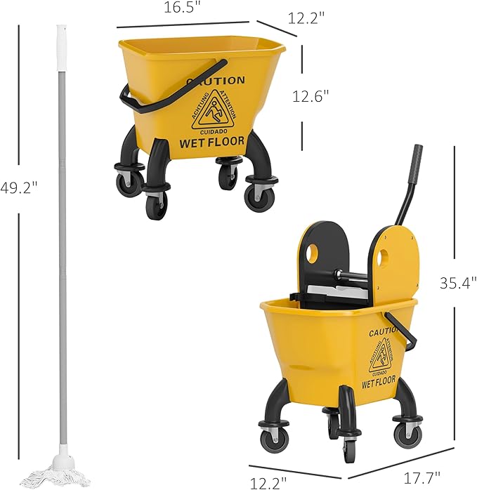 HOMCOM Mop Bucket with Wringer on Wheels for Floor Cleaning, 27.5 Quart Down Press Wringer with Handle and Mop, Yellow