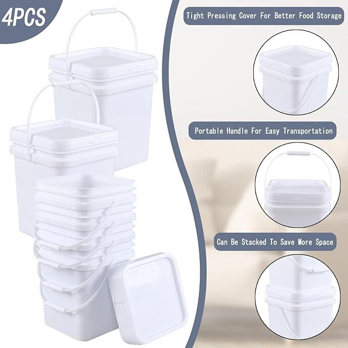 Asking 5 Gallon Versatile Square Plastic Storage Bucket Pail with Lid, 4 Pack Plastic Cleaning Bucket Pail with Handle, White