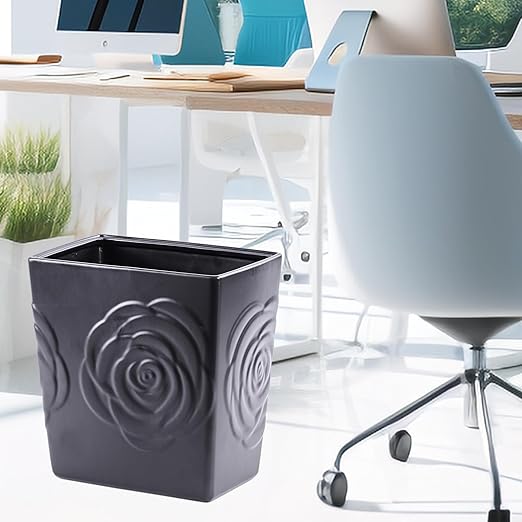 Black Ceramic Rose Small Bathroom Trash Can 2.5 Gal (9 Liter), Heavy Small Kitchen Garbage Bin, Living Room Bedroom Corner Trash Can, Decorative Wastebasket for Outdoor Garden, Home Office,Hotel Motel