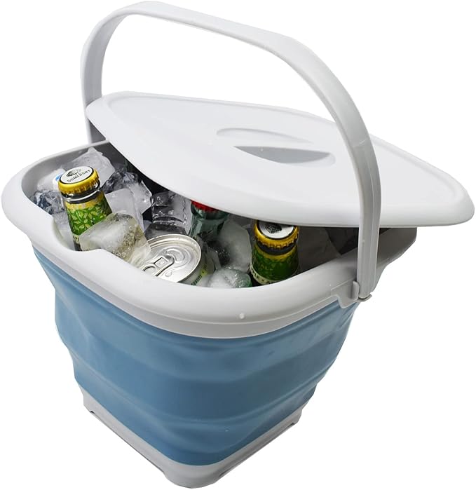 SAMMART 8.5L (2.2 Gallon) Collapsible Square Handy Bucket with Lid/Foldable Square Water Pail with Lid/Portable Tub with Handle and Lid (Grey/Steel Blue (Set of 2))