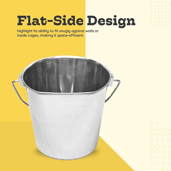 6 Quart Stainless Steel Flat Side Bucket | Durable Heavy Duty Food & Water Feeding Pails for Dog Cat Goat Sheep | Fits kennels Cages Critter Crates Hanging Pet Pail | Multipurpose Buckets
