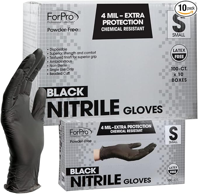 ForPro Professional Collection Disposable Nitrile Gloves, Chemical Resistant, Powder-Free, Latex-Free, Non-Sterile, Food Safe, 4 Mil, Black, Small, 1000-Count