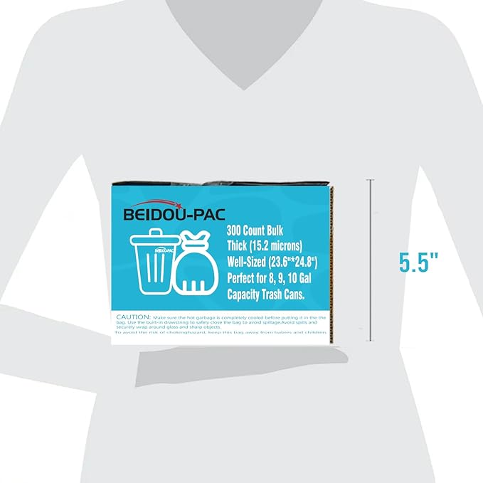 8-10 Gallon Trash Bags Drawstring, 300 Count Bulk, Black & Unscented Multi-purpose Garbage Bags for Business Home Bathroom Kitchen Commercial and Industrial