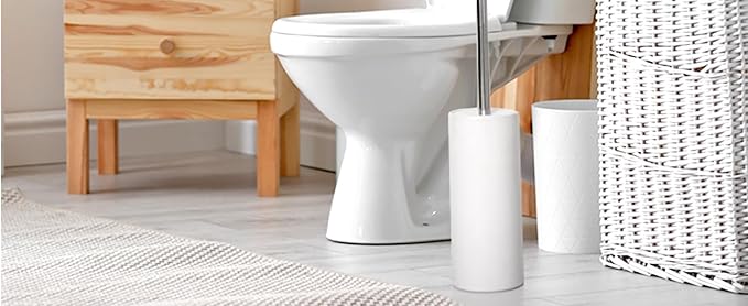 Matt White Ceramic Toilet Brush and Holder Set, Freestanding Toilet Bowl Cleaners Brush, Scrubber Brush for Toilet, Bathroom Accessories with Stainless Handle, Deep Cleaning