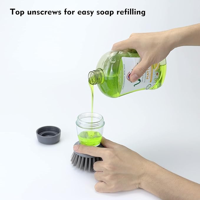 Dish Brush with Soap Dispenser, Kitchen Scrub Brush for Dishes Pots Pans Sink Cleaning, Dish Scrubber with Holder Set (Grey Handle & Nylon Bristles)