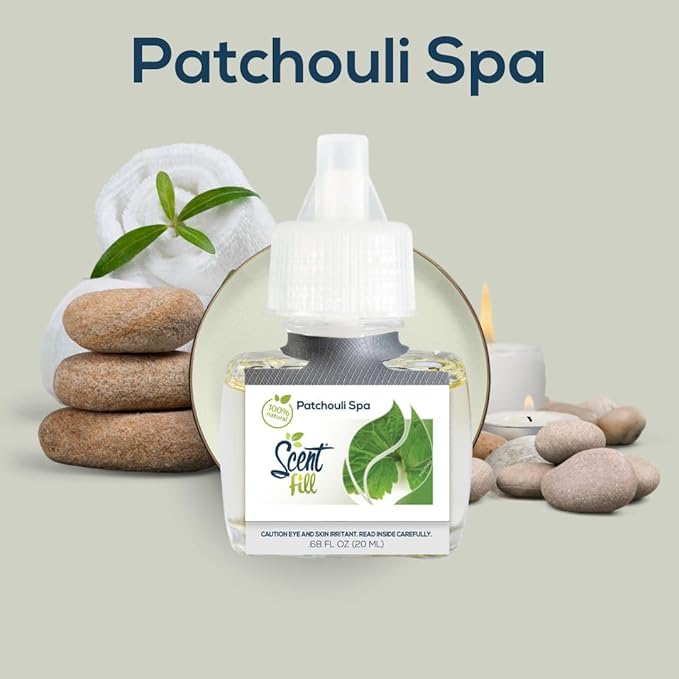 Scent Fill 100% Natural Patchouli Spa Plug in Air Freshener, Scented Oil Refills, 2 Refills + Diffuser