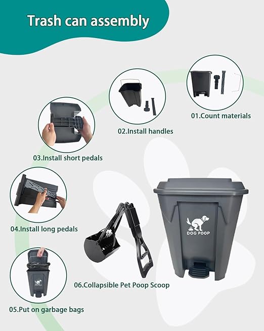 Dog Poop Trash Can Outside with Foldable Pooper Scooper – 20L Outdoor Pet Waste Bin with Foot Pedal Lid & 100 Bags – Waterproof Odor Control Trash Can for Yard, Patio, Garden