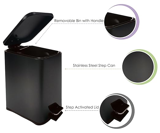 Stainless Steel Small Trash Can with Lid & Step Pedal - 6 Liters/1.6 Gallon Soft Close Garbage Can with Removeable Inner Bucket - Trash Cans for Bathroom, Bedroom, Kitchen & Office (Black)