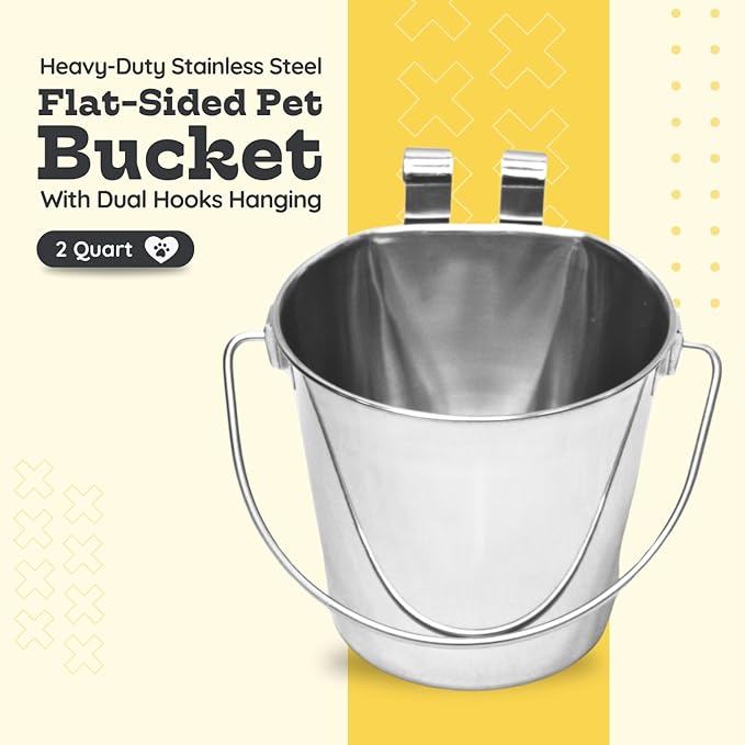 2 Quart Stainless Steel Flat Sided Bucket with Dual Hooks | Durable Food & Water Bowl for Dog Cat Bird & Small Animals | Fits kennel Cage Critter Crate Hanging Pet Pail | Multipurpose use