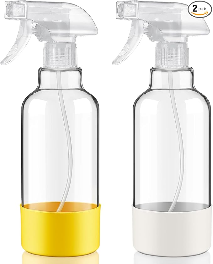 Glass Spray Bottles with Silicone Sleeve 16.9oz 2 Pack Empty Spray Bottle for Hair Mist/Stream Spraying for Cleaning Solutions, Plants, Essential Oils (clear-white&yellow)