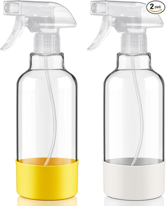 Glass Spray Bottles with Silicone Sleeve 16.9oz 2 Pack Empty Spray Bottle for Hair Mist/Stream Spraying for Cleaning Solutions, Plants, Essential Oils (clear-white&yellow)