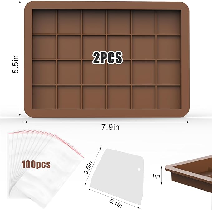 Juome Large Chocolate Bar Mold Deep 2 Pack - 1 Inch Deep Silicone Thick Molds for Stuffed Chocolate, Filling Knafeh Pistachio Candy With 100Pcs Bags