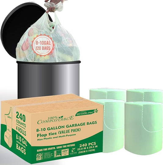 8-10 Gallon Flap Tie Compostable Trash Bags, 240 Count, Compost Bags Kitchen Trash Bags, Sturdy Biodegradable Garbage Bags Food Scrap Waste Bags, ASTM D6400, US BPI Certified, Green
