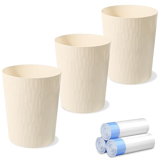 UUJOLY Small Trash Can Wastebasket Garbage Can Container Bins for Bathrooms,Bedroom Room, Kitchens, Offices, Kids Rooms, Dorms, 3 Pack, Beige