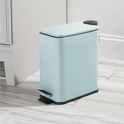mDesign Slim Metal Rectangle 1.3 Gallon/5 Liter Trash Can with Step Pedal, Easy-Close Lid, Removable Liner - Narrow Wastebasket Garbage Container Bin for Bathroom, Bedroom, Kitchen - Matte Mint Green
