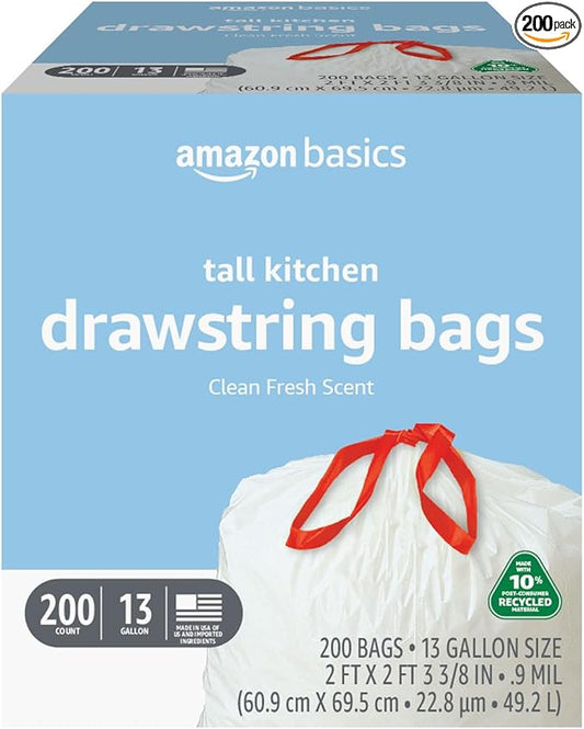 Amazon Basics 13 Gallon Tall Kitchen Drawstring Trash Bags, Clean Fresh Scnet, 10% Post Consumer Recycled, 200 Count