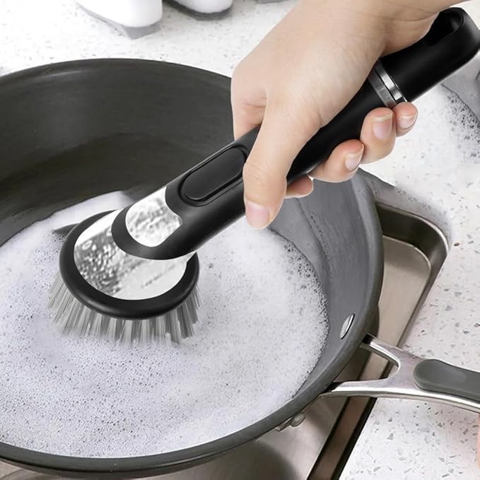 AUAUY Dish Brush with Soap Dispenser, Advanced Soap Control Dishwashing Brush, Dish Scrub Brushes with Handle, Kitchen Scrubbers for Dishes, Pan, Pot, Sink Cleaning Brushes