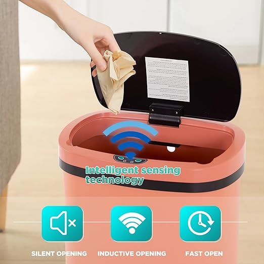 BestOffice | 13 Gallon Plastic Trash Can with Lid | Pink | Automatic Touchless Garbage Can | Odor Control | Modern Oval Design | Easy to Clean | Fits Any Kitchen, Bathroom, Office or Home