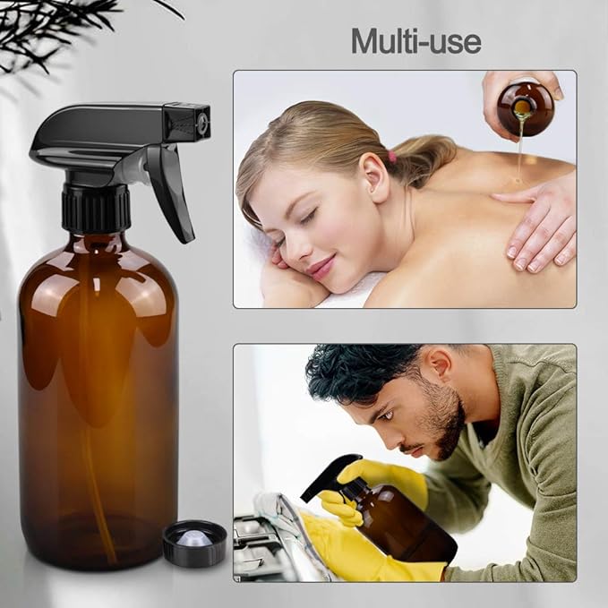 Glass Spray Bottles, 16oz Refillable Containers, Empty Boston Round Bottles with Labels & Adjustable Nozzle for Cleaning, Gardening, Aromatherapy, Pets, Plant, Hair -Amber (2 Pack)