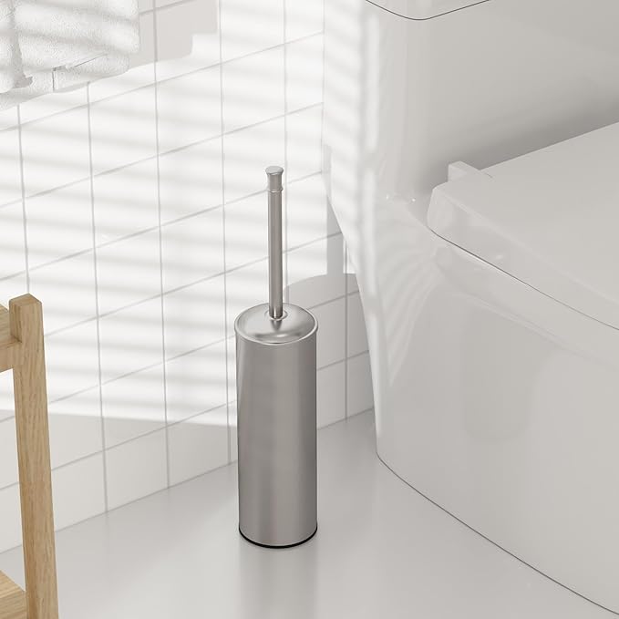 BESy Toilet Brush and Holder, Toilet Cleaner Bowl Set with Two Brush with Extra Long Handle, Durable Bristles Toilet Scrubber and Covered Holder, Drip-Proof Stainless Steel Brushed Nickel