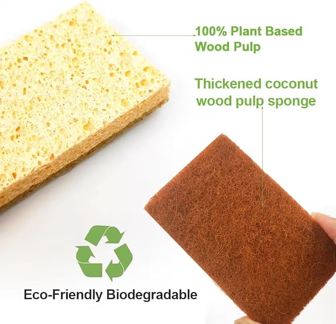 Eco Sponges – Coconut & Cellulose Kitchen Sponges, Biodegradable, Compostable, Plastic-Free Cleaning Scrubbers (12 Pack)