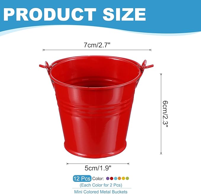 PATIKIL 2.7"x2.3" Small Metal Buckets with Handle, 12 Pcs Mini Galvanized Bucket Colorful Easter Buckets for Crafts Party Favors Decoration, Green/Yellow/Orange/Blue/Red/Purple