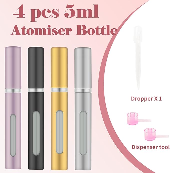 4pcs Mini Perfume Travel Bottle, Perfume Atomiser Refillable, 5ML Spray Bottles, Portable for Travel Holiday, Outdoor Activities and Business