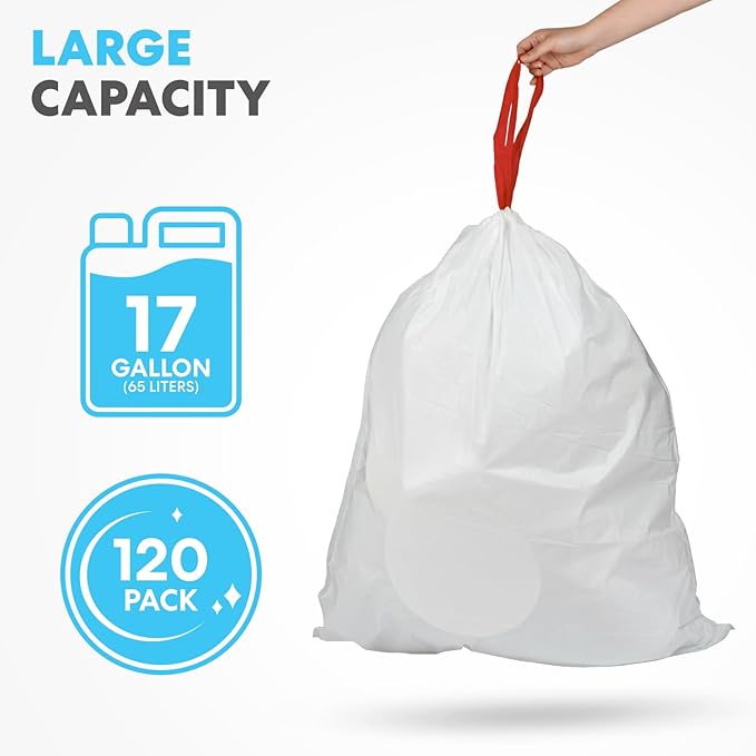 SIMPLI-MAGIC 17 Gallon Drawstring Trash Bags, 120 Pack – Tall Kitchen Garbage Bags, Custom Made with Premium Materials (White)