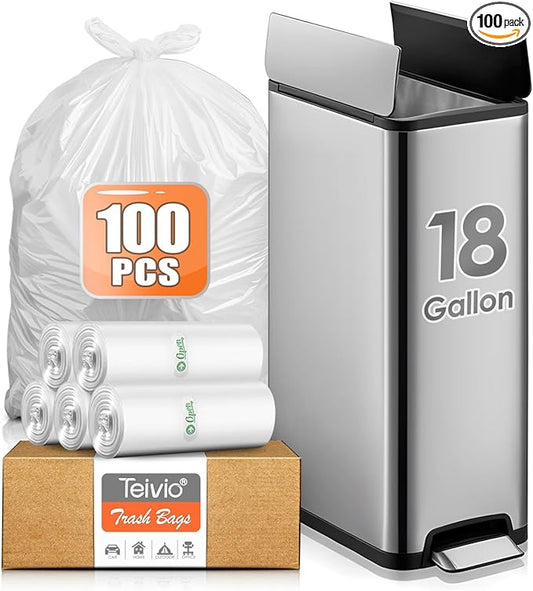 18 Gallon 100 Counts Compactor Bag Tall Kitchen Trash Bags,Fit 15,16,18,20Gal,Garbage Bags by Teivio, Unscented,Bin Liners, Plastic Bags for home,for Bathroom,Office,Industrial,Clear