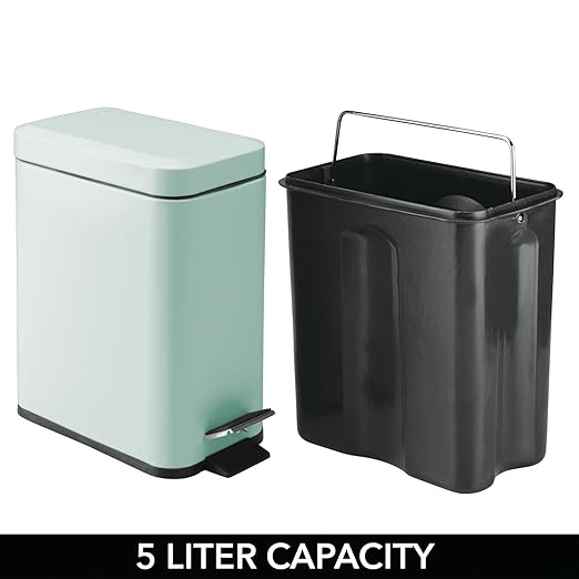 mDesign Small Modern 1.3 Gallon Rectangle Metal Lidded Step Trash Can, Compact Garbage Bin with Removable Liner Bucket and Handle for Bathroom, Kitchen, Craft Room, Office, Garage - Light Mint Green