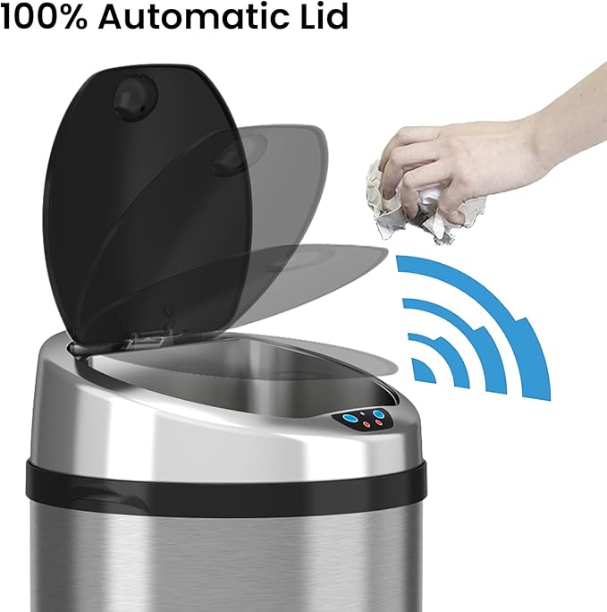 iTouchless 13 Gallon Sensor Garbage Can with Odor Control System, Stainless Steel, Round Touchless Automatic Trash Bin for Kitchen and Office