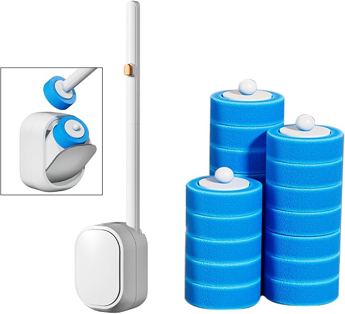 Wall Mounted Disposable Toilet Brush and Holder Toilet Bowl Cleaner with 18 pcs Refills Sponges Pad Replacement Brush Heads (1x Toilet Brush + 18 pcs Refills)