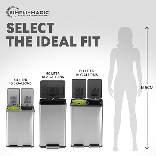 SIMPLI-MAGIC 50 Liter / 13.2 Gallon Soft-Close, Smudge Resistant Trash Can with Foot Pedal and Built in Filter- Stainless Steel, Sleek Finish