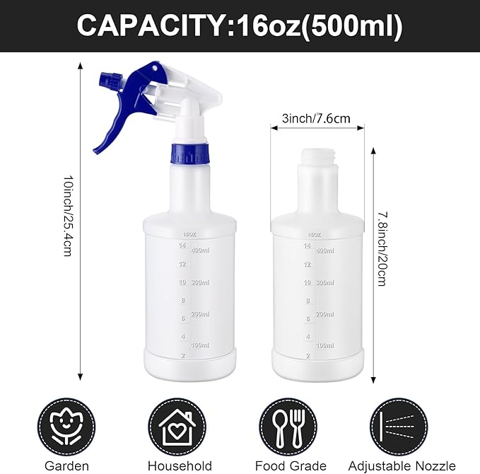 Eccliy 12 Pcs 16 Oz Plastic Spray Bottle, Adjustable Empty Reusable Sprayer for Cleaning, Planting, Water, Bathroom and Kitchen, BBQ, Commercial and Residential (Multicolored,Measurement)