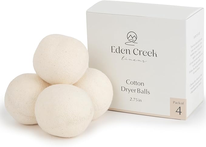 Cotton Dryer Balls Pack of 4, 2.75 in, Natural Plant-Based Vegan Fabric Softener, Reusable and Unscented, Oeko-Tex Certified Laundry Balls