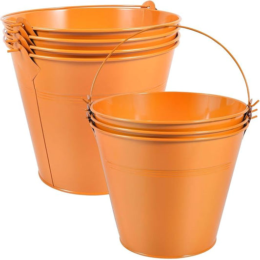 OBTANIM 7 Pack Orange Metal Buckets with Handle Galvanized Ice Pails for Plants, Succulents, Party Favors Organizing, Rustic Home Decor or Classrooms Pencil Storage (9.1 x 6.7 inch)