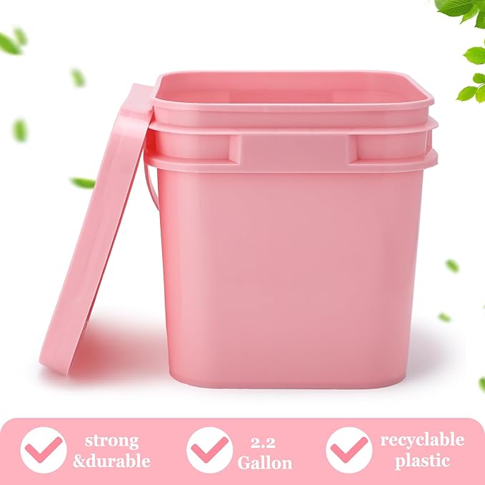 Suzile 2.2 Gallon Square Bucket with Lid Food Grade Plastic Bucket 10L Utility Industrial Pail with Handle Container for Food Oil Tub Water Fishing Paint House Cleaning Car Washing (Pink,10pcs)
